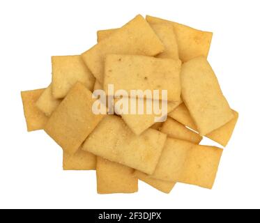 Top view of a serving of cheese and garlic snack crackers isolated on a white background. Stock Photo