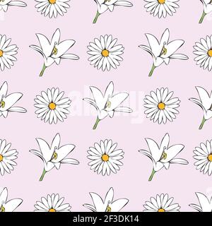 Vector pink background white pink floral seamless pattern. Daisies, Lilies, Tulips. Seamless pattern background Stock Vector