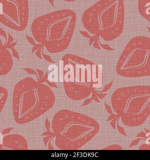 Linocut print strawberries linen vector seamless pattern background.Soft fruit motifs blended onto Hessian fiber texture. Red pink backdrop.Woven Stock Vector