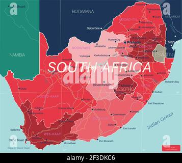 South Africa country detailed editable map with regions cities and towns, roads and railways, geographic sites. Vector EPS-10 file Stock Vector