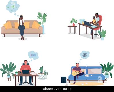 Stressed men and women at home flat color vector faceless and detailed characters set Stock Vector