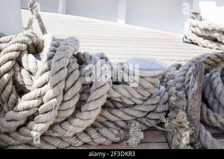 Mooring line on deck of boat Stock Photo