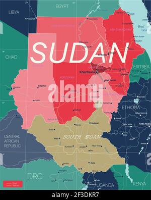 Sudan country detailed editable map with regions cities and towns, roads and railways, geographic sites. Vector EPS-10 file Stock Vector