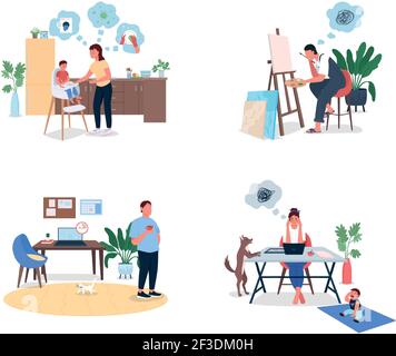 Stressed remote worker flat color vector faceless and detailed character set Stock Vector