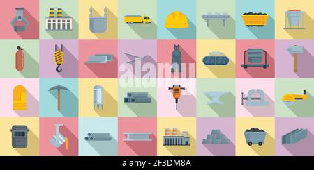Metallurgy icons set, flat style Stock Vector