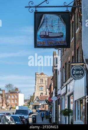 Extended sign of The Victory, Lord Nelson’s flagship at the Battle of Trafalgar, on Zizzi Italian Restaurant, Pinner High Street, NW London England UK Stock Photo