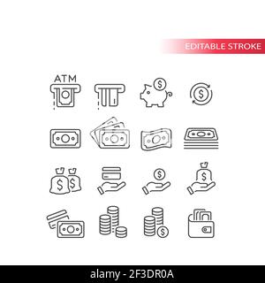 Money, dollar financial thin line vector set. Coin, money stack, wallet, banknote outline icons. Stock Vector