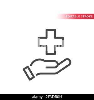 Hand and medical cross line vector icon. Health care symbol, editable stroke. Stock Vector