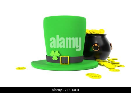 Saint Patrick's Day.  Green Leprechaun Hat with Clover leaf on white background with pot full of golden coins. 3d render Stock Photo