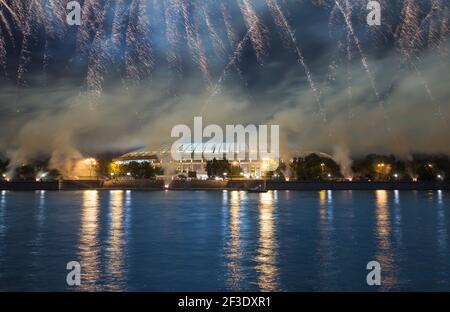 Fireworks over Moscow big sports arena (Stadium) Luzhniki Olympic Complex -- Stadium for the 2018 FIFA World Cup in Russia Stock Photo