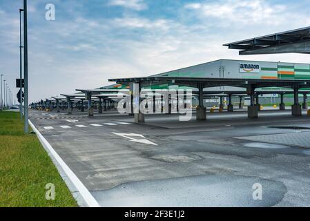 Beautiful Aerial view of an Amazon logistics / distribution warehouse or center. Colorful and scenic industrial view Stock Photo