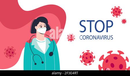 The doctor is a modern super hero. The inscription Stop Coronavirus. Female doctor in medical mask and red .cloak. Bacteria around the nurse. Covid-19 coronavirus pandemic. Isolated vector Stock Vector