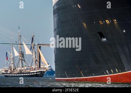 The Belem before the start of The Bridge 2017, a transatlantic race between the cruise liner RMS Queen Mary 2 and the world's fastest Ultim trimarans from Saint-Nazaire to New-York City on June 25, 2017 in Saint-Nazaire, France - Photo Vincent Curutchet / Dark Frame / DPPI Stock Photo