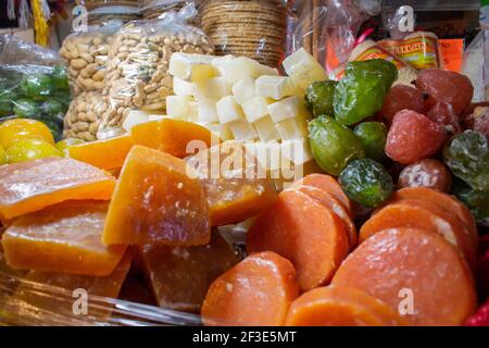 Stand of traditional and colorful Mexican candy in market Stock Photo