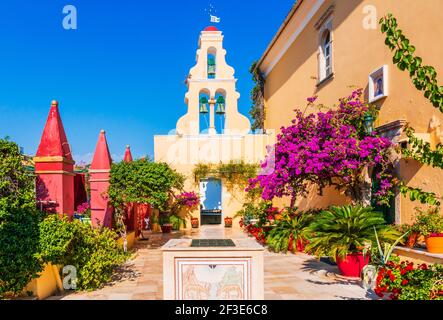 Corfu, Greece. Courtyard of the Theotokos Monastery also known as Paleokastritsa Monastery. Stock Photo