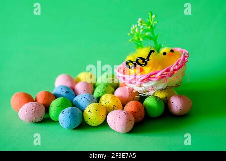 Easter greetin card with Easter eggs and chickens in a basket on green background Stock Photo