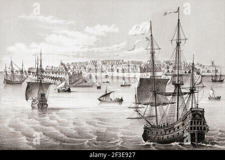 19th century copy of a 17th century engraving of New Amsterdam when it was controlled by the Dutch, and before the 1667 Treaty of Breda which ended the Second Anglo-Dutch War and awarded New Amsterdam to the British who renamed it New York. Stock Photo