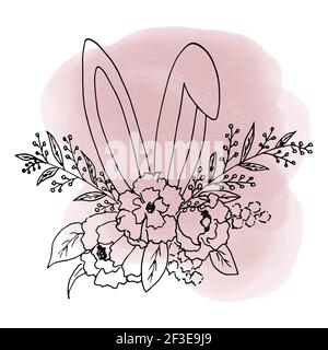 Sketch of an Easter bouquet of flowers and leaves with protruding ears of a bunny. Vector illustration in the style of line-art handdrawn isolate the Stock Vector