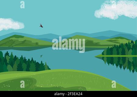 Forest on mountains river landscape Stock Vector