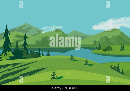 Forest on mountains river landscape Stock Vector