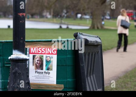 London, UK. 16th Mar, 2021. A 'Missing' sign for Sarah Everard taped to a bin. People continue to leave tributes and flowers for Sarah Everard at the bandstand on Clapham Common which has become a shrine. Sarah was last seen on March 3rd. Her body was found in a builders' bag in Woodland at Ashord. PC Wayne Couzens appeared at the Old Bailey via videolink from Belmarsh prison today. He will go on trial in October. Credit: Mark Thomas/Alamy Live News Stock Photo