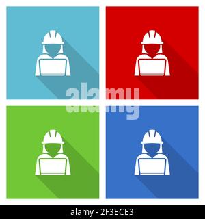 Engineer with laptop, worker, manager icon set, flat design vector illustration in eps 10 for webdesign and mobile applications in four color options Stock Vector
