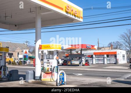 A view of Shell and Citgo gas stations in Norwalk, Connecticut.Oil and gasoline prices were rebounding after last year's collapse in fuel demand and prices. According to the AAA motor club gas prices have risen about 35 cents a gallon on average over the last month and could reach $4 a gallon in some states by summer. (Photo by Ron Adar / SOPA Images/Sipa USA) Stock Photo