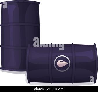 Black metallic oil barrel. Petrol pollution, industrial fuel, chemical tank concept. Stock vector illustration in cartoon realistic style isolated on Stock Vector