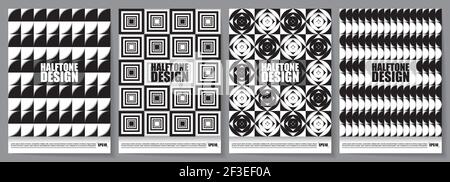 EPS10 Set of A4 covers with geometric shapes on halftone. Easy to adapt to your project. Perfect for any use. Stock Vector