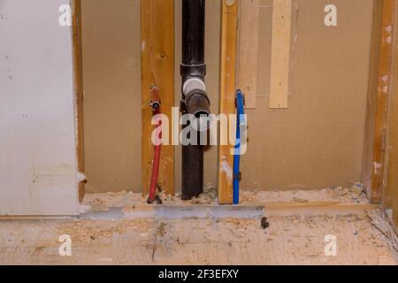 Home residential problem, damage water piping system in restroom, water leak Stock Photo