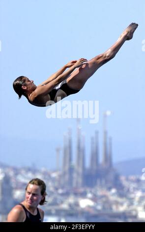 Diving World Championship from the panoramic ten meters diving platform, and the Sagrada Familia's cathedral in the background, in Barcelona, Spain. Stock Photo