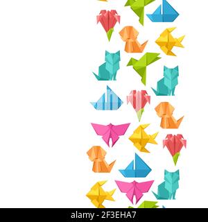 Seamless pattern with origami toys. Folded paper objects. Stock Vector