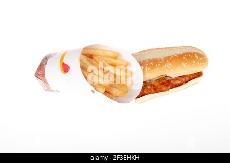Burger King Original Chicken Sandwich with French Fries Stock Photo