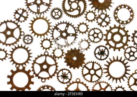 Gears isolated on white background.Steampunk details. Clockwork details.gears and vintage keys. Time concept.Time symbol Stock Photo