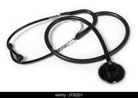 Modern black medical acoustic stethoscope isolated on white background. Closeup of diagnostic tool for heart beat.examination. Doctor office, hospital. Stock Photo
