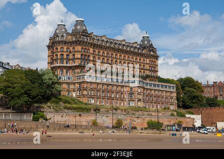 Summer view of the Grand Hotel in Scarborough seen from the South Bay beach Stock Photo