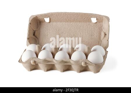 Cassette with chicken eggs isolated on white background Stock Photo