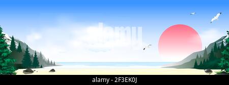 Seascape. Sea, sandy shore. Mountains and trees. Sky with clouds and sun. Sea coast. Stock Vector