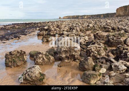 Pointe du Hoc seen from the beach along the Normandy cliffs Stock Photo
