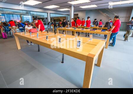 Hong Kong, China - December 4, 2016: close up mobile smath phones inside Apple store, IFC Mall, Central District. Apple is world leader in consumer Stock Photo