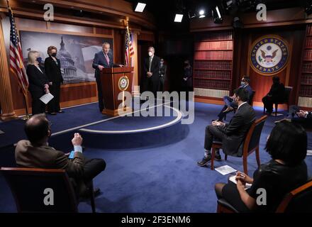 Washington, United States. 16th Mar, 2021. Senate Majority Leader Chuck Schumer holds a press conference at the U.S. Capitol in Washington, DC on Tuesday, March 16, 2021. Photo by Kevin Dietsch/UPI Credit: UPI/Alamy Live News Stock Photo