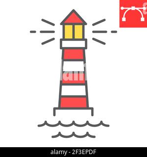 Lighthouse color line icon, sea and ocean, lighthouse vector icon, vector graphics, editable stroke filled outline sign, eps 10. Stock Vector
