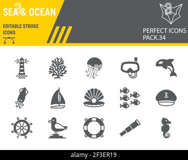 Sea and Ocean glyph icon set, ocean animals collection, vector graphics, logo illustrations, Sea vector icons, marine signs, solid pictograms Stock Vector