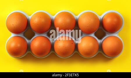 Ten beige eggs in plastic holder from fridge on yellow board, view from above Stock Photo