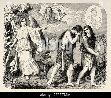 Expulsion of Adam and Eve from the Garden of Eden. An angel with a flaming sword supervises the expulsion of Adam and Eve from Paradise. Genesis 3. Old Testament. Catholic Bible. Old Testament, Old 19th century engraved illustration from History of the Bible 1883 Stock Photo
