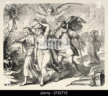 Lot fleeing Sodom, biblical story about destruction Sodom and Gomorrah. Old Testament, Old 19th century engraved illustration from History of the Bible 1883 Stock Photo