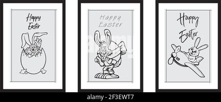 Three different design minimalist poster for happy easter in black frame with eggs,nest, typography - vector Stock Vector