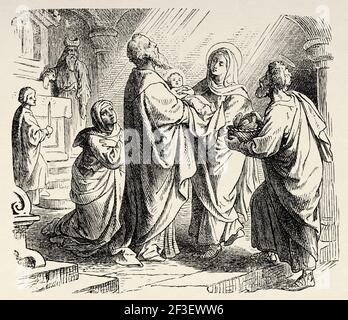 Presentation of the child Jesus in the temple. The presentation of Jesus and the praise of Simeon and Anna. Book of Luke, New Testament, Old 19th century engraved illustration from History of the Bible 1883 Stock Photo