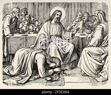 Mary Magdalene annointing the feet of Jesus, John 12. New Testament, Old 19th century engraved illustration from History of the Bible 1883 Stock Photo