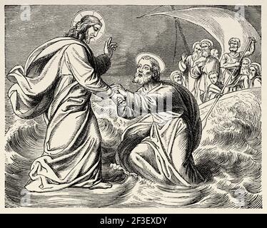 Jesus walks on the sea. New Testament, Old 19th century engraved illustration from History of the Bible 1883 Stock Photo